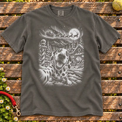 Dalmatian Santa Selfie design on a Pepper T-shirt