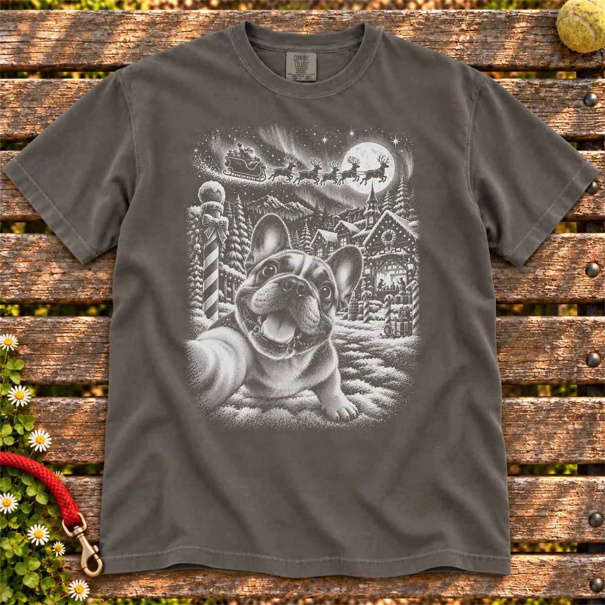 French Bulldog Santa Selfie design on a Pepper T-shirt