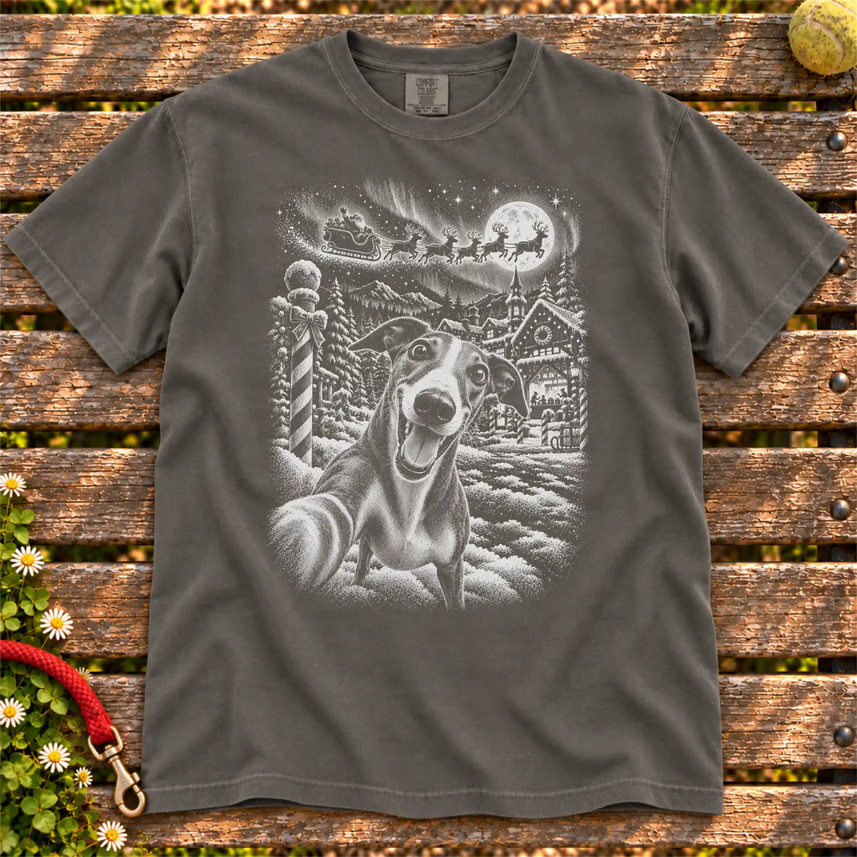 Greyhound Santa Selfie design on a Pepper T-shirt