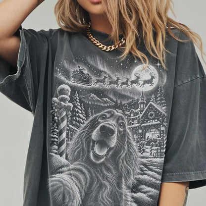 Woman wearing a Pepper Irish Setter Santa Selfie T-shirt