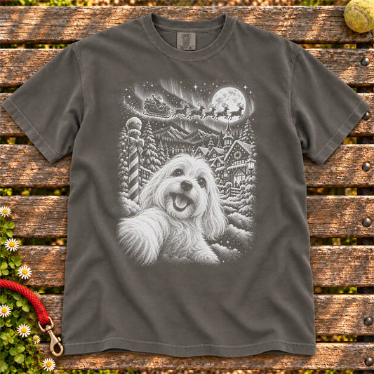 Maltese Santa Selfie design on a Pepper T-shirt