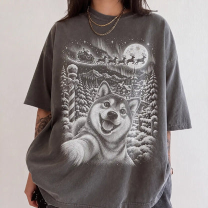 Woman wearing a Pepper Shiba Inu Santa Selfie T-shirt