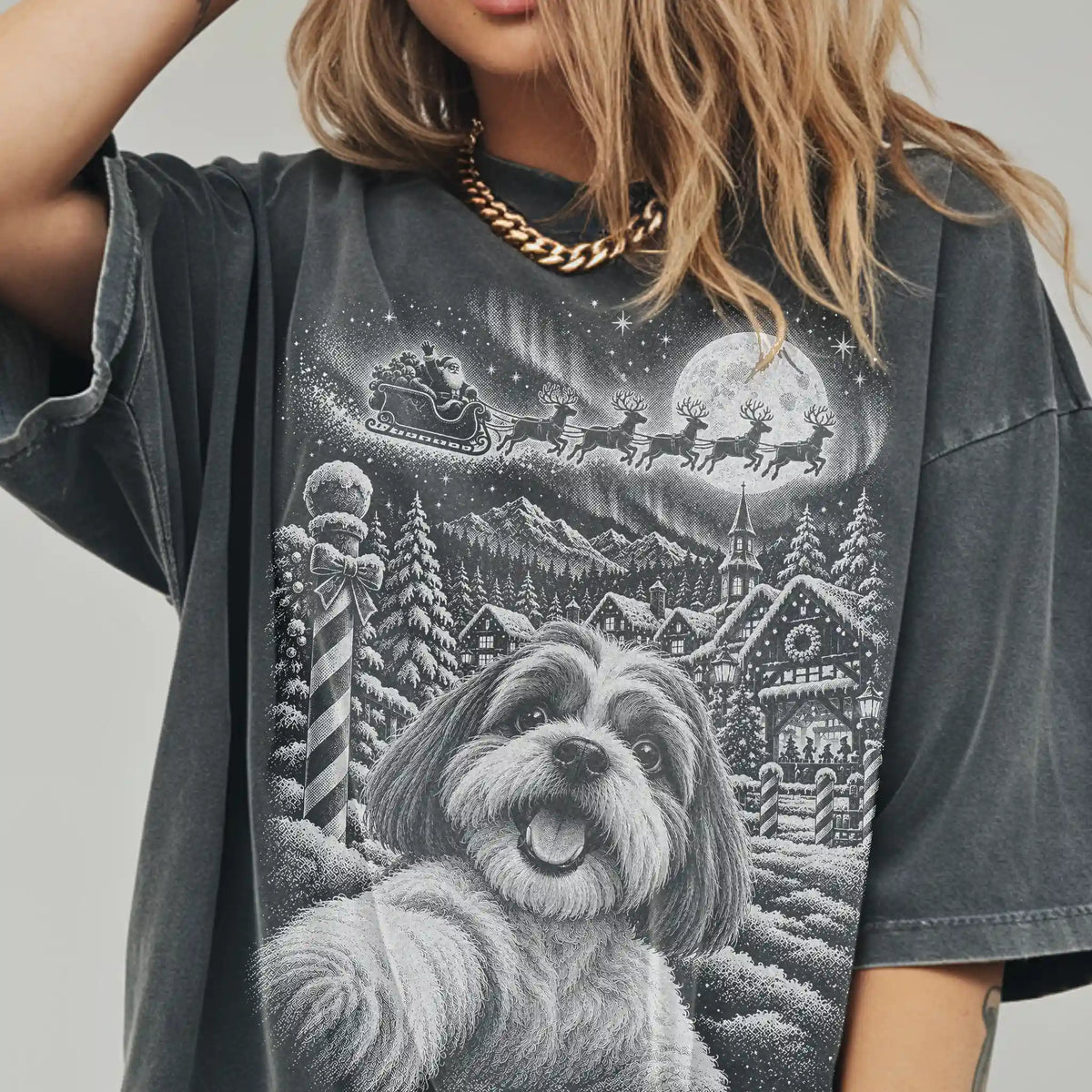 Woman wearing a Pepper Shih Tzu Santa Selfie T-shirt