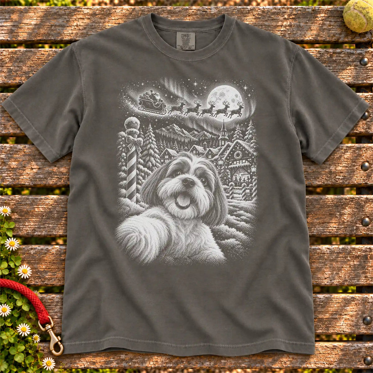 Shih Tzu Santa Selfie design on a Pepper T-shirt