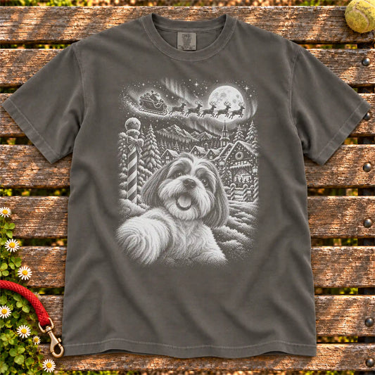 Shih Tzu Santa Selfie design on a Pepper T-shirt