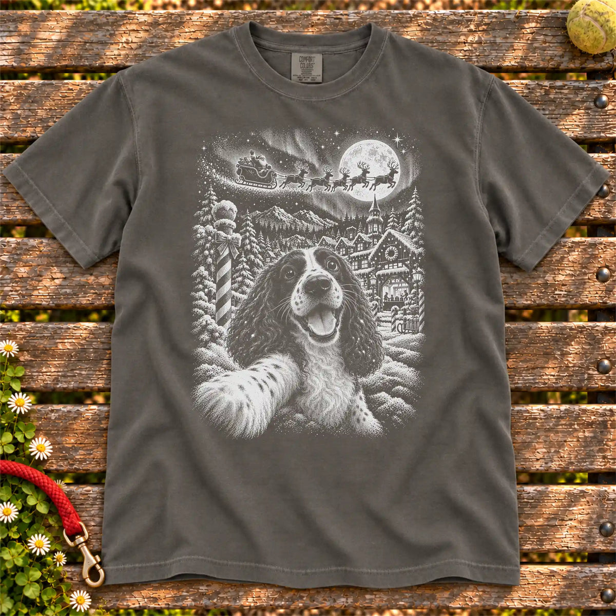 Springer Spaniel Santa Selfie design on a Pepper T-shirt