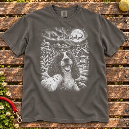 Springer Spaniel Santa Selfie design on a Pepper T-shirt