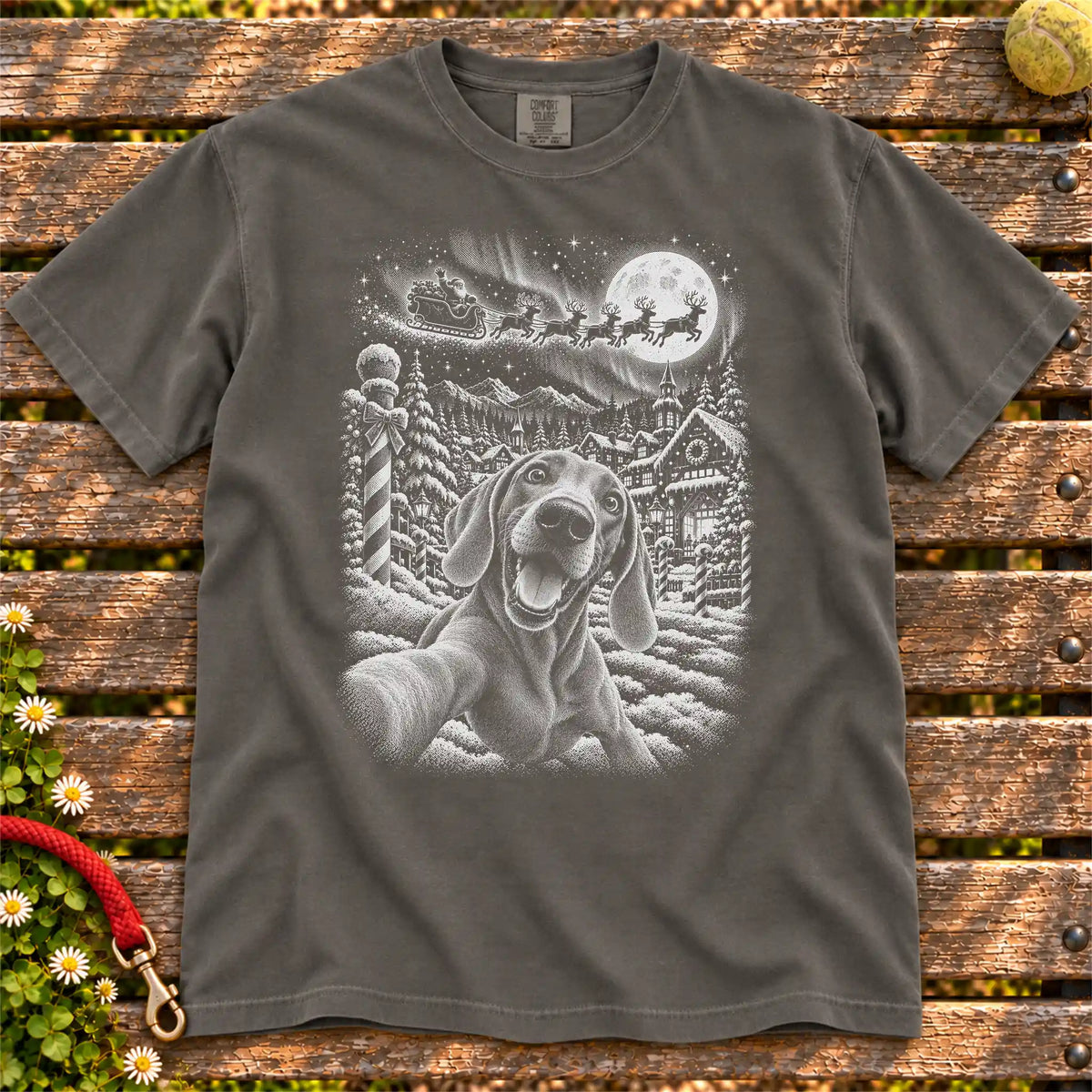 Weimaraner Santa Selfie design on a Pepper T-shirt