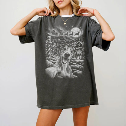 Woman wearing a Pepper Whippet Santa Selfie T-shirt