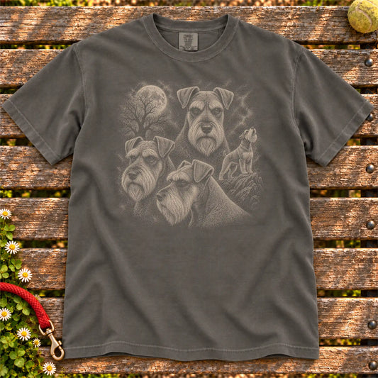 Schnauzer 90s Moon design on a Pepper T-shirt shown flat
