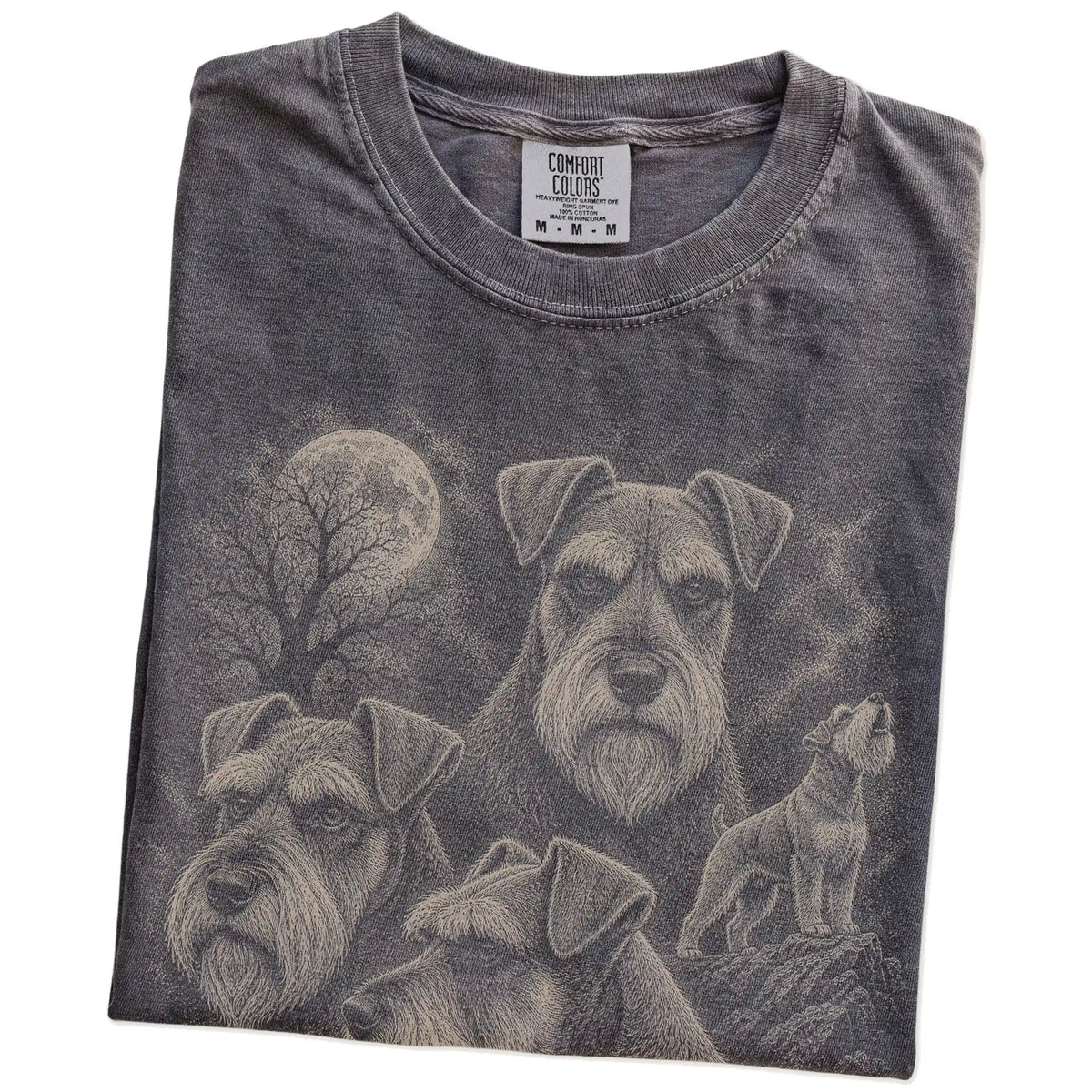 Folded Pepper Comfort Colors® T-shirt showing a vintage moon montage featuring Schnauzer