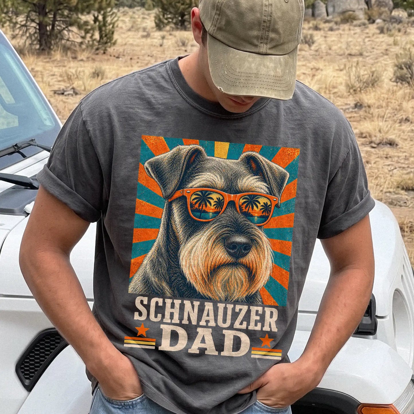 Retro Schnauzer Dad design on a Pepper Comfort Colors T-shirt worn by a model