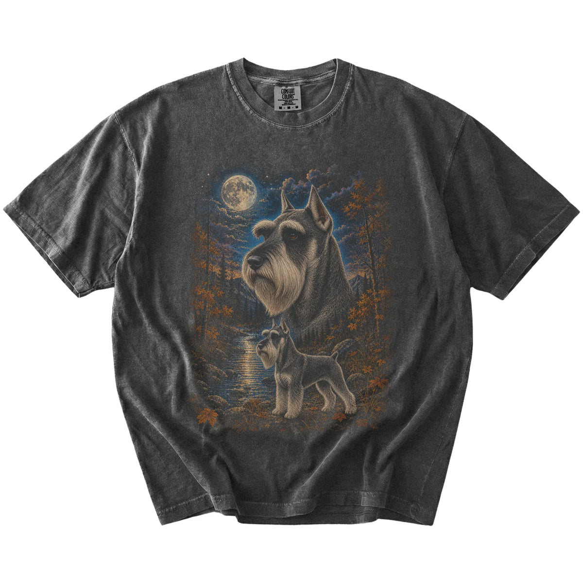 Schnauzer in a moonlit fall forest scene on a Pepper Comfort Colors® t-shirt