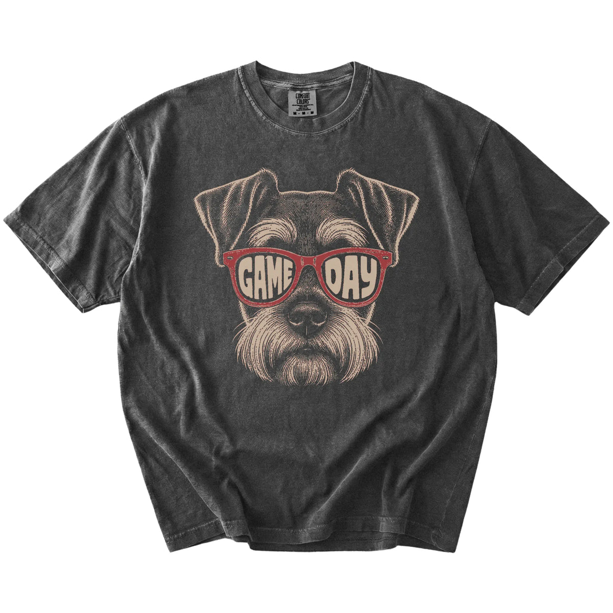 Schnauzer wearing red Game Day sunglasses on a Pepper Comfort Colors® T-shirt