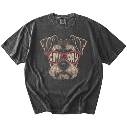 Schnauzer wearing red Game Day sunglasses on a Pepper Comfort Colors® T-shirt