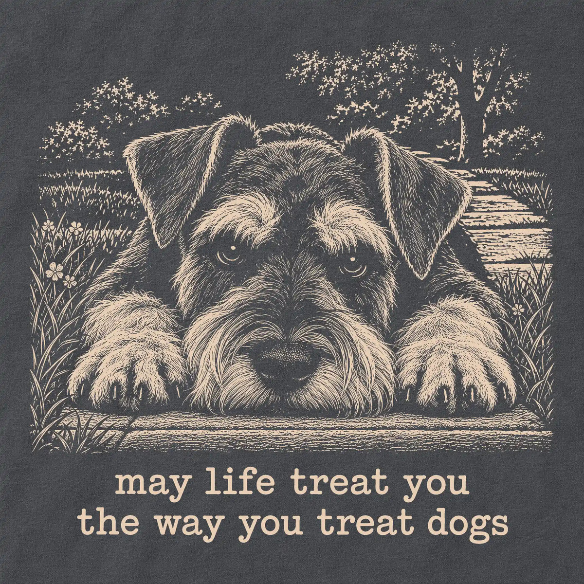 Schnauzer Karma Comfort Colors sweatshirt in Pepper — Design Detail