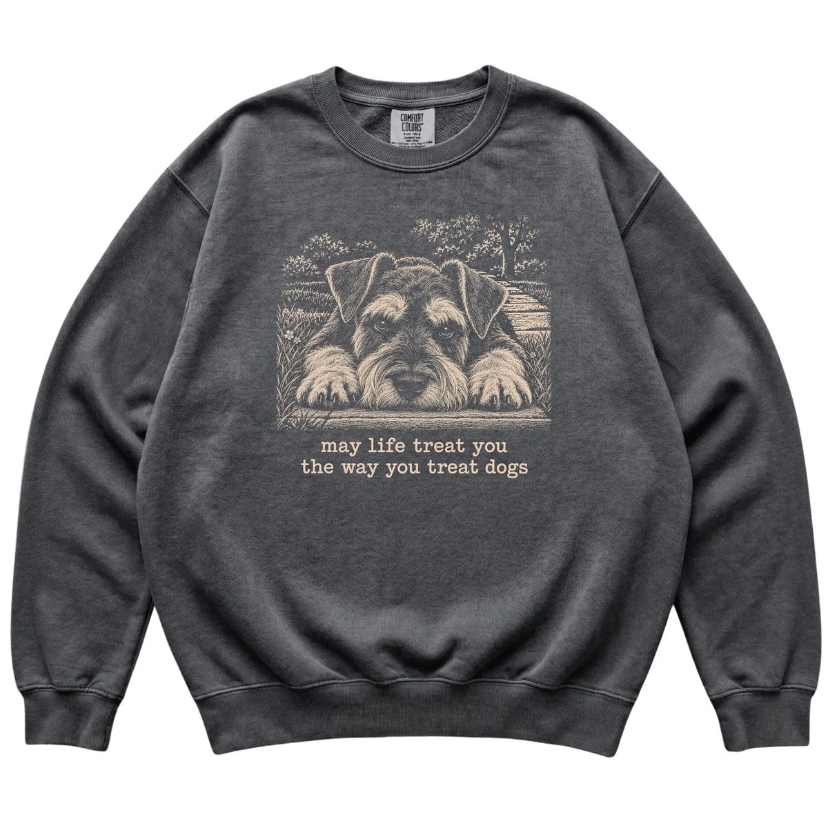 Schnauzer Karma Comfort Colors sweatshirt in Pepper — Flat Lay