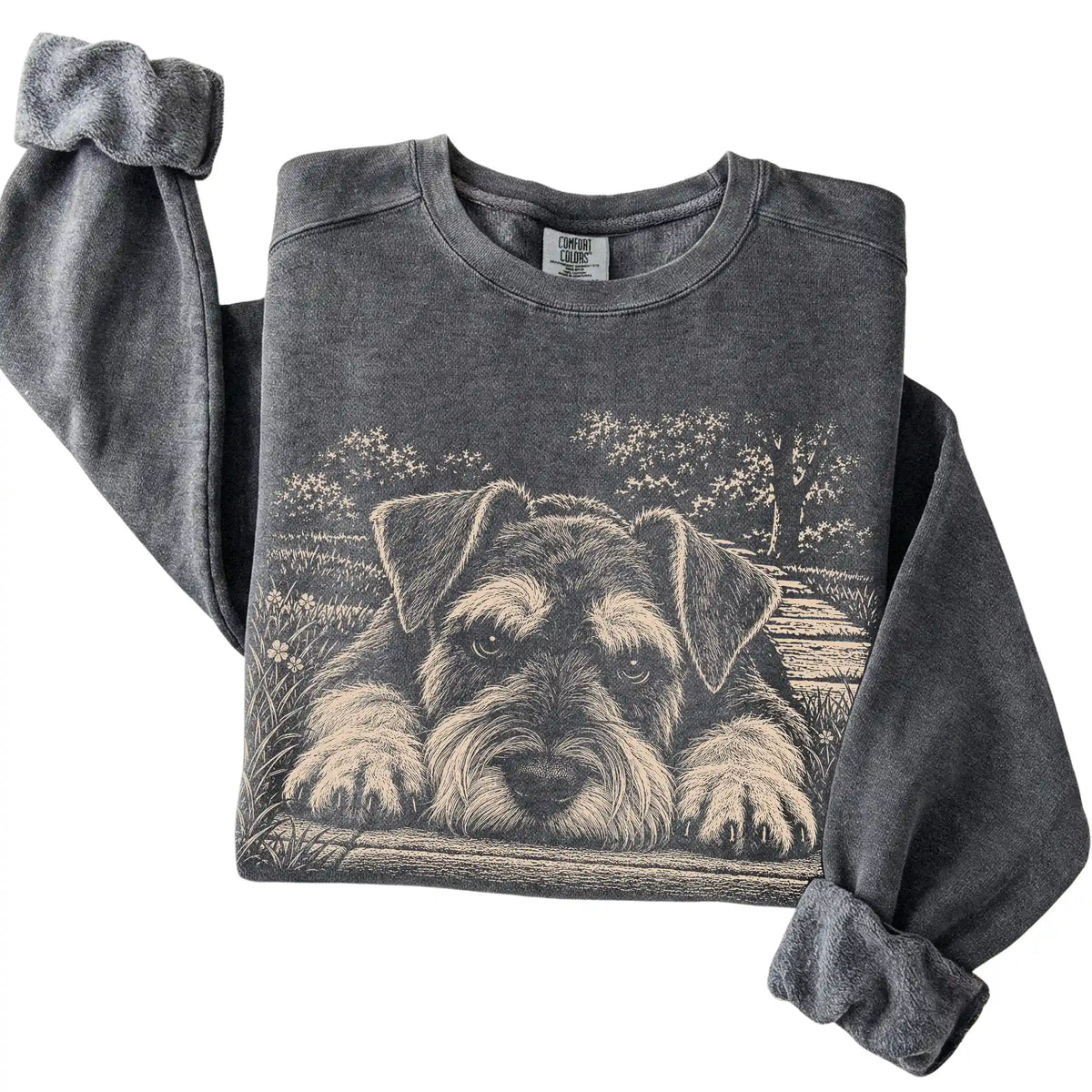Schnauzer Karma Comfort Colors sweatshirt in Pepper — Folded Detail