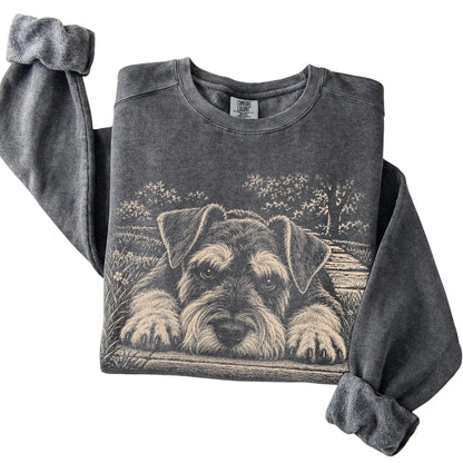 Schnauzer Karma Comfort Colors sweatshirt in Pepper — Folded Detail