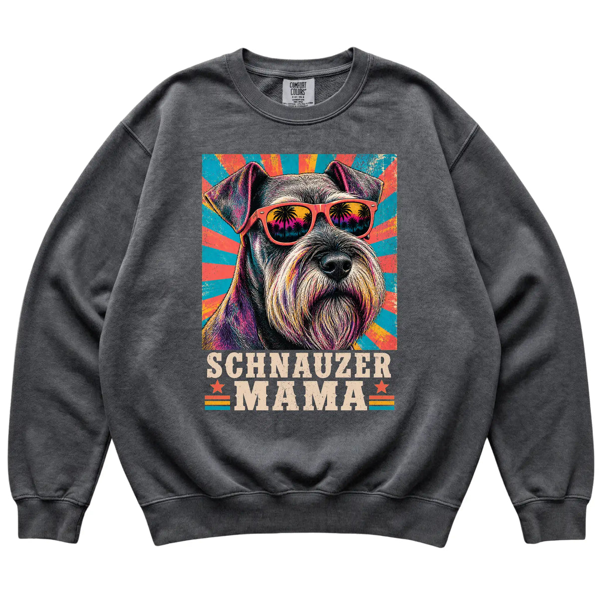 Retro Schnauzer Mama design on a Pepper Comfort Colors sweatshirt
