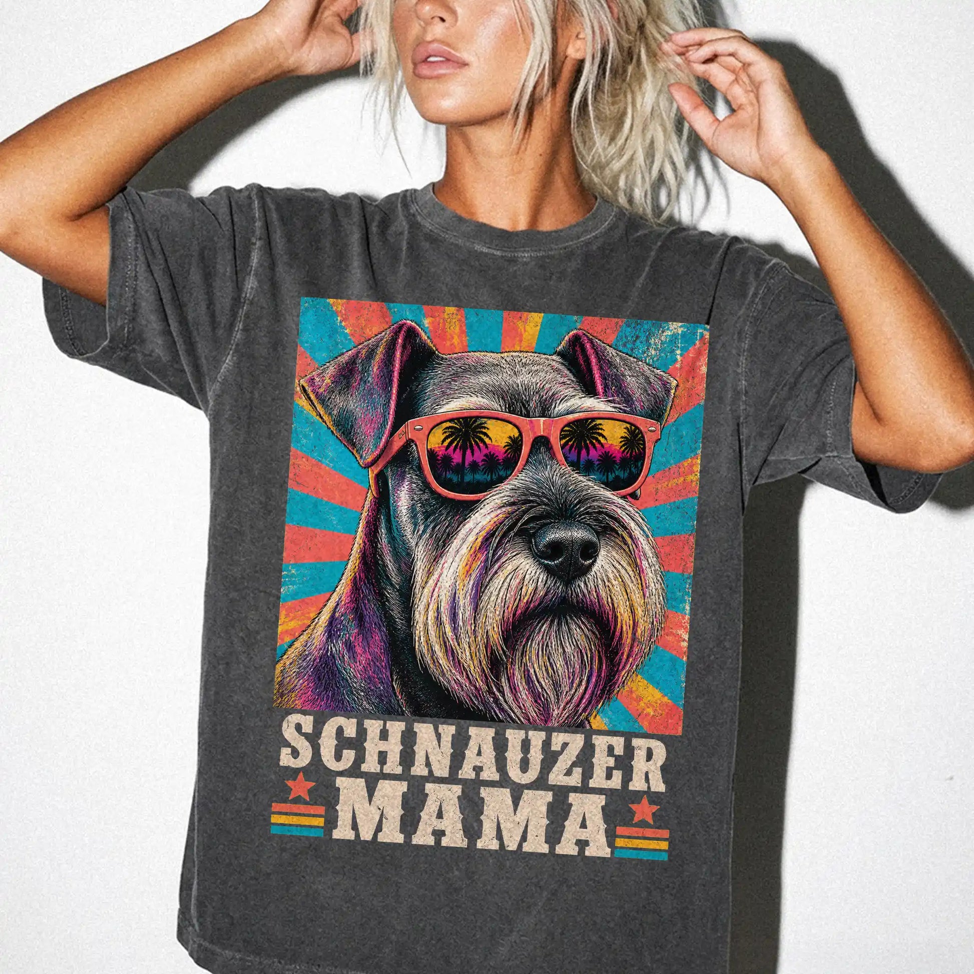 Retro Schnauzer Mama design on a Pepper Comfort Colors T-shirt worn by a model