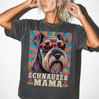 Retro Schnauzer Mama design on a Pepper Comfort Colors T-shirt worn by a model