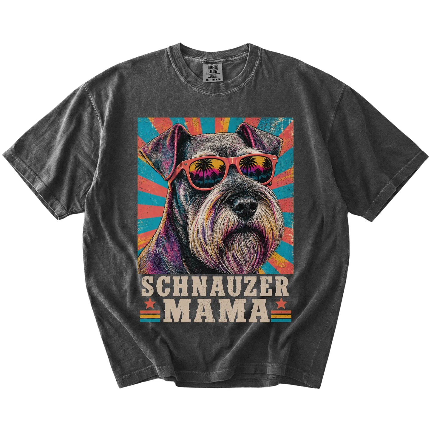 Retro Schnauzer Mama design on a Pepper Comfort Colors T-shirt