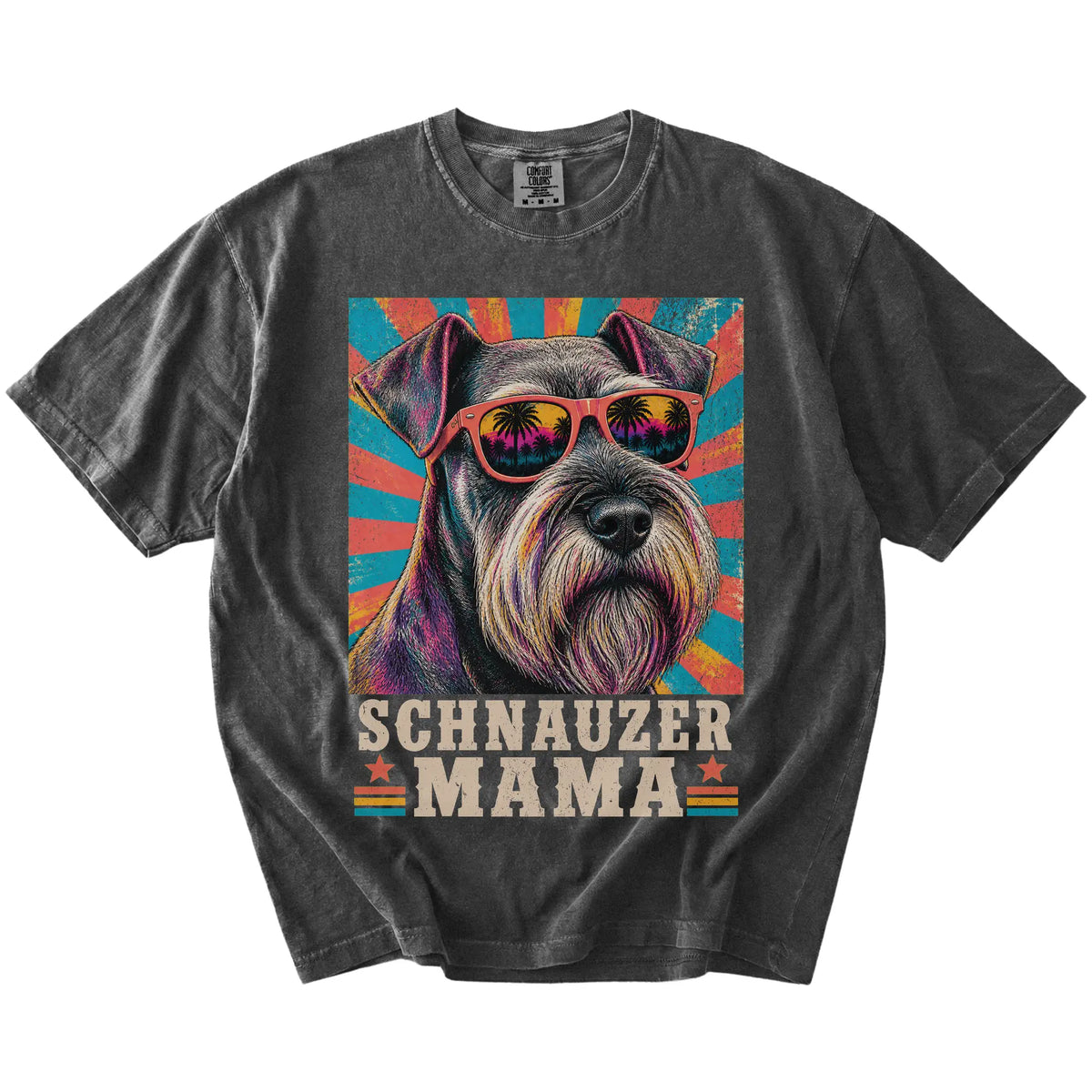 Retro Schnauzer Mama design on a Pepper Comfort Colors T-shirt