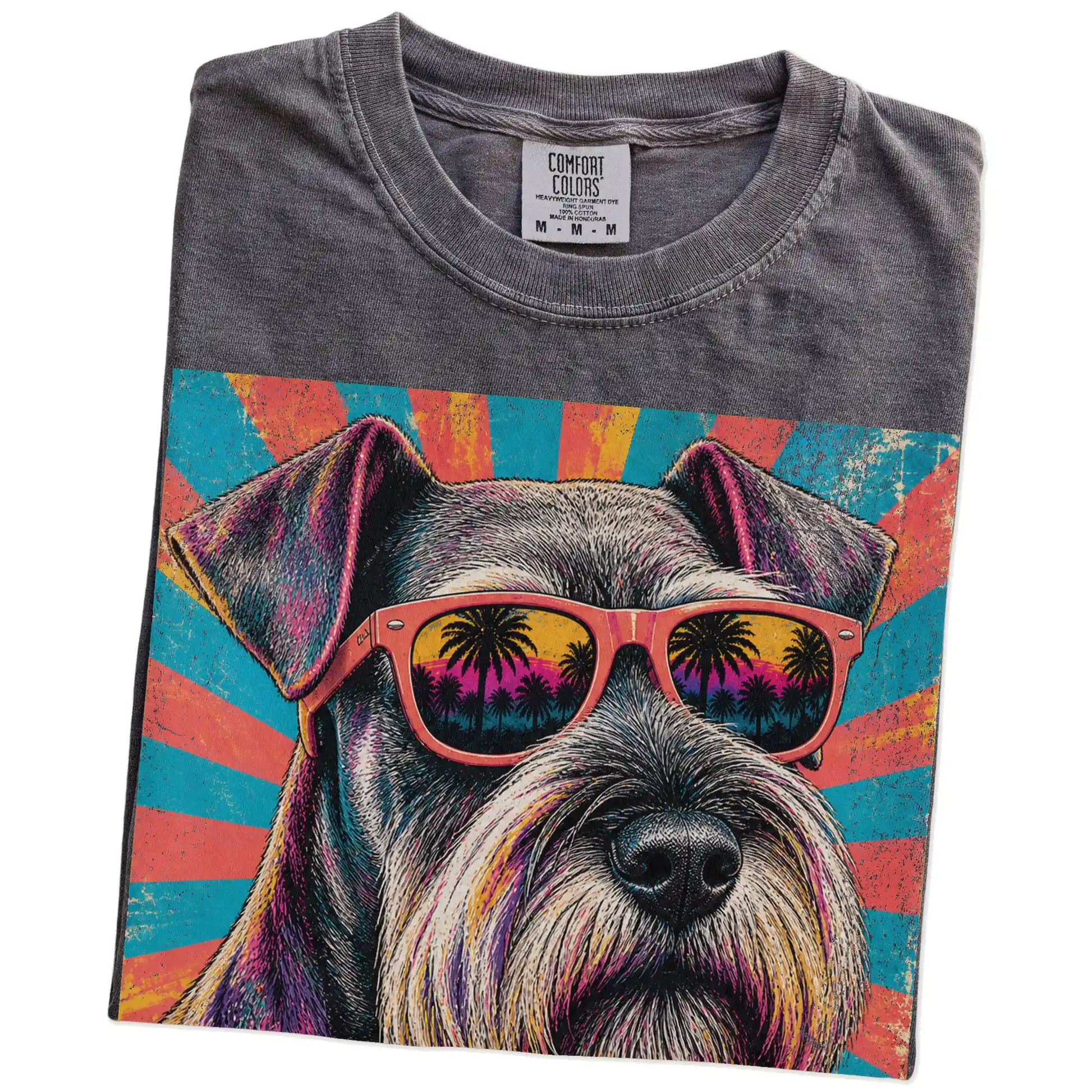 Retro Schnauzer Mama design on a Pepper Comfort Colors T-shirt folded detail