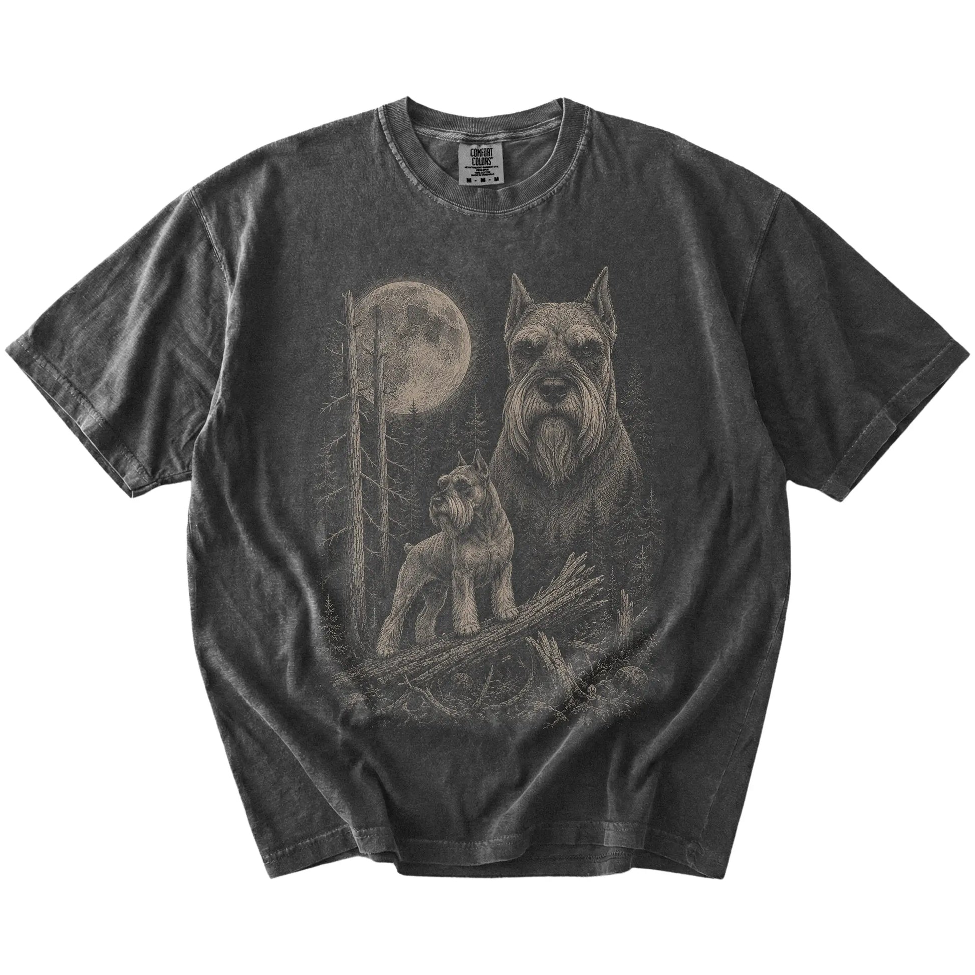 Pepper Schnauzer Moonlit Forest T-Shirt laid flat
