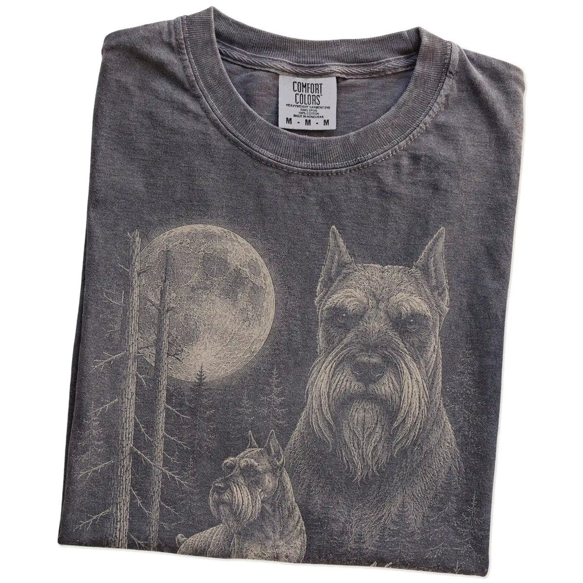 Folded Pepper Schnauzer Moonlit Forest T-Shirt showing the graphic
