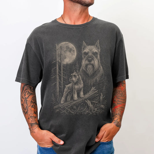 Man wearing a Pepper Schnauzer Moonlit Forest T-Shirt
