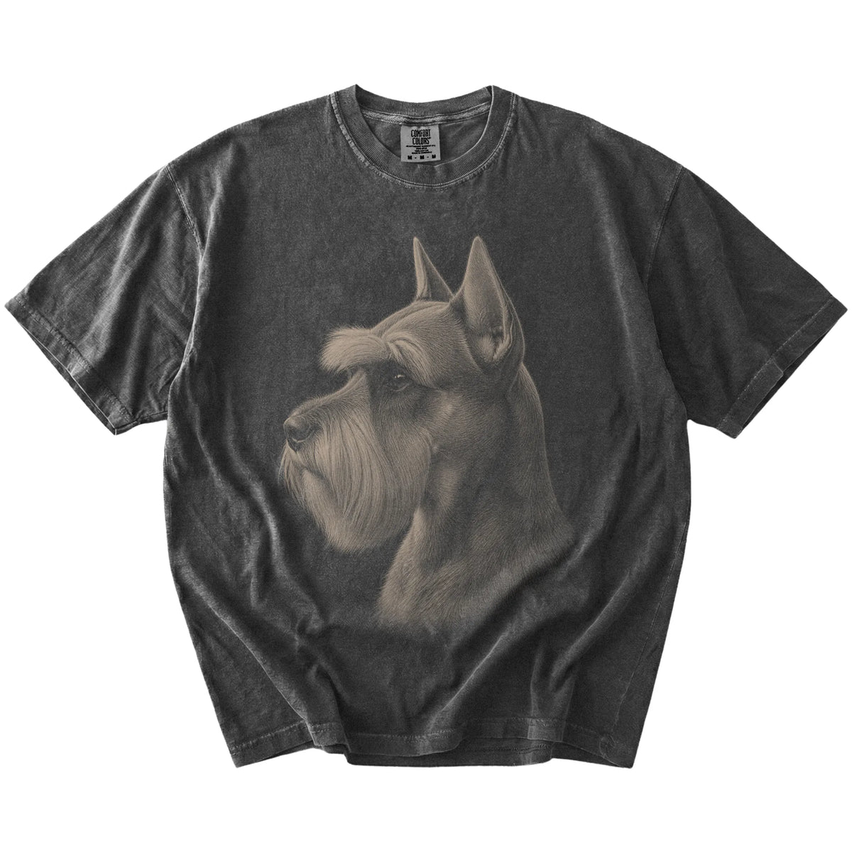 A detailed photographic portrait of a Schnauzer on a Pepper Comfort Colors® T-shirt