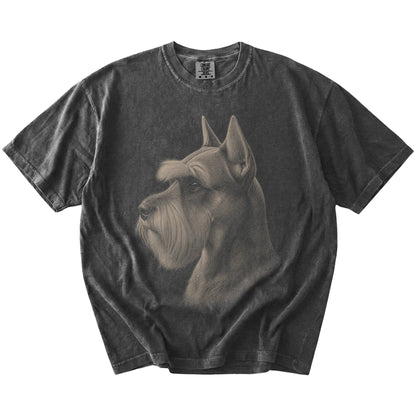 A detailed photographic portrait of a Schnauzer on a Pepper Comfort Colors® T-shirt