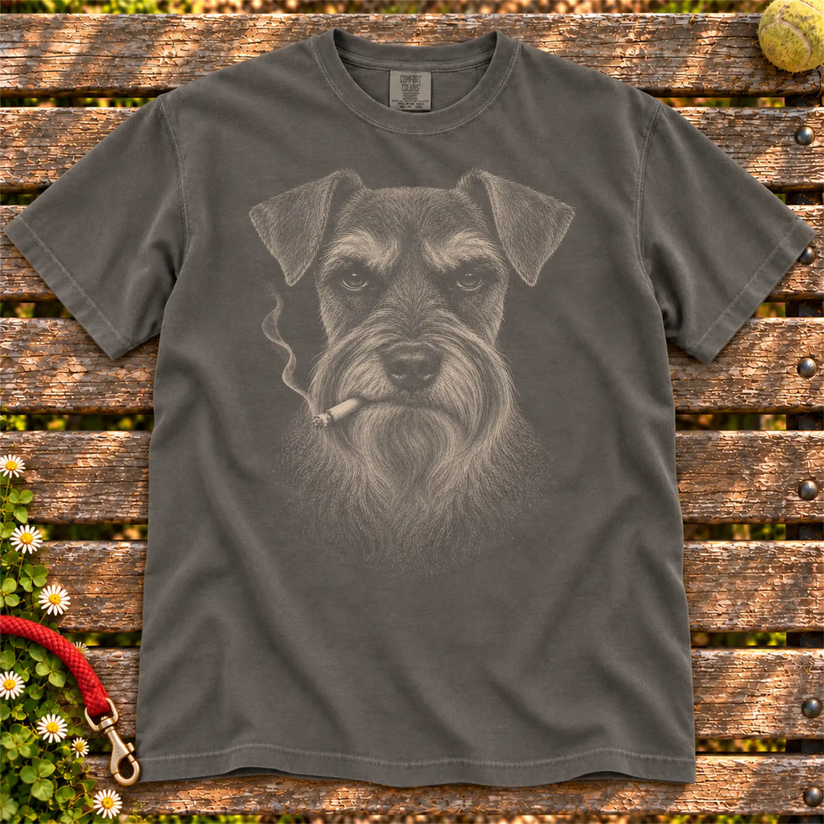 Schnauzer smoking design on a Pepper t-shirt