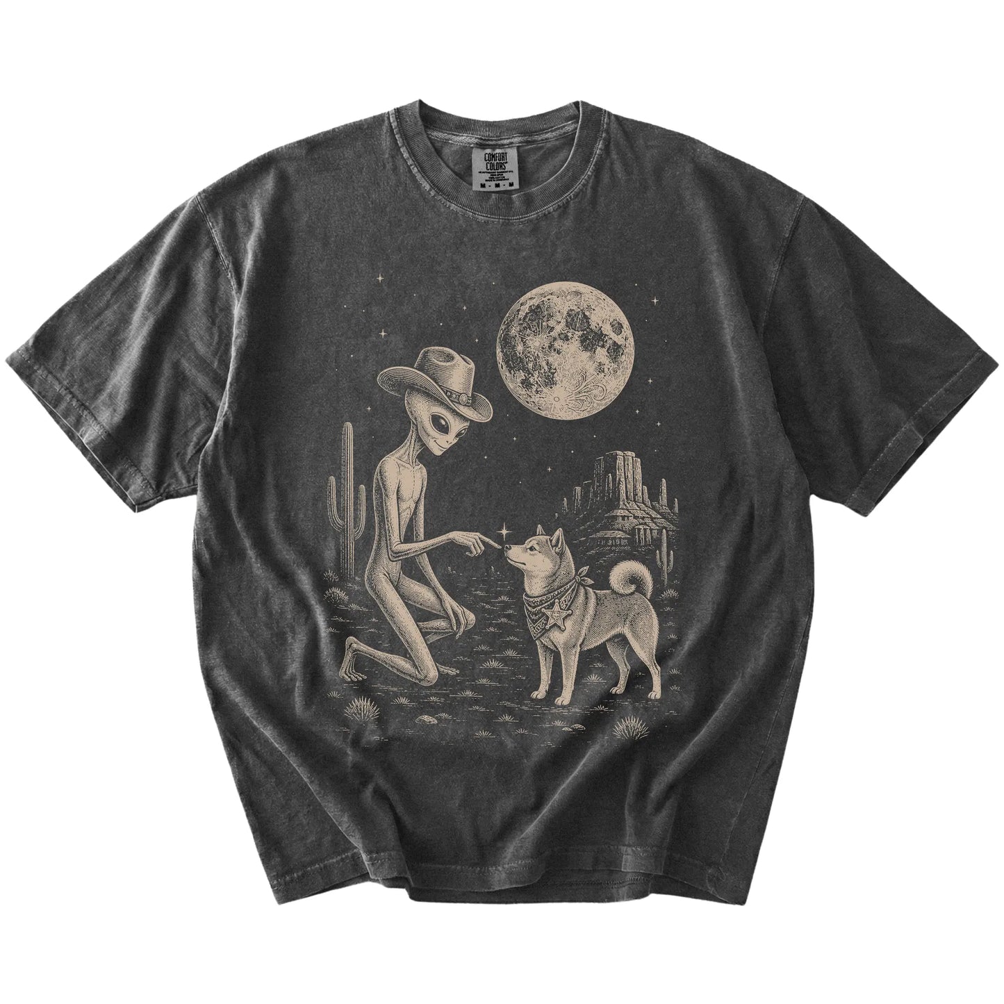 Cowboy alien fist-bumping a Shiba Inu beneath the moon on a Pepper Comfort Colors® T-shirt