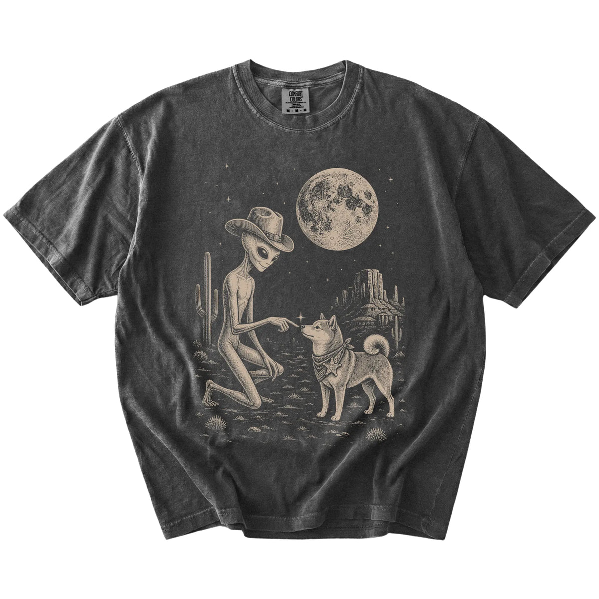 Cowboy alien fist-bumping a Shiba Inu beneath the moon on a Pepper Comfort Colors® T-shirt