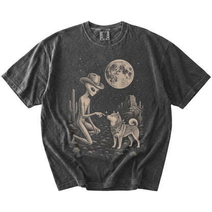 Cowboy alien fist-bumping a Shiba Inu beneath the moon on a Pepper Comfort Colors® T-shirt
