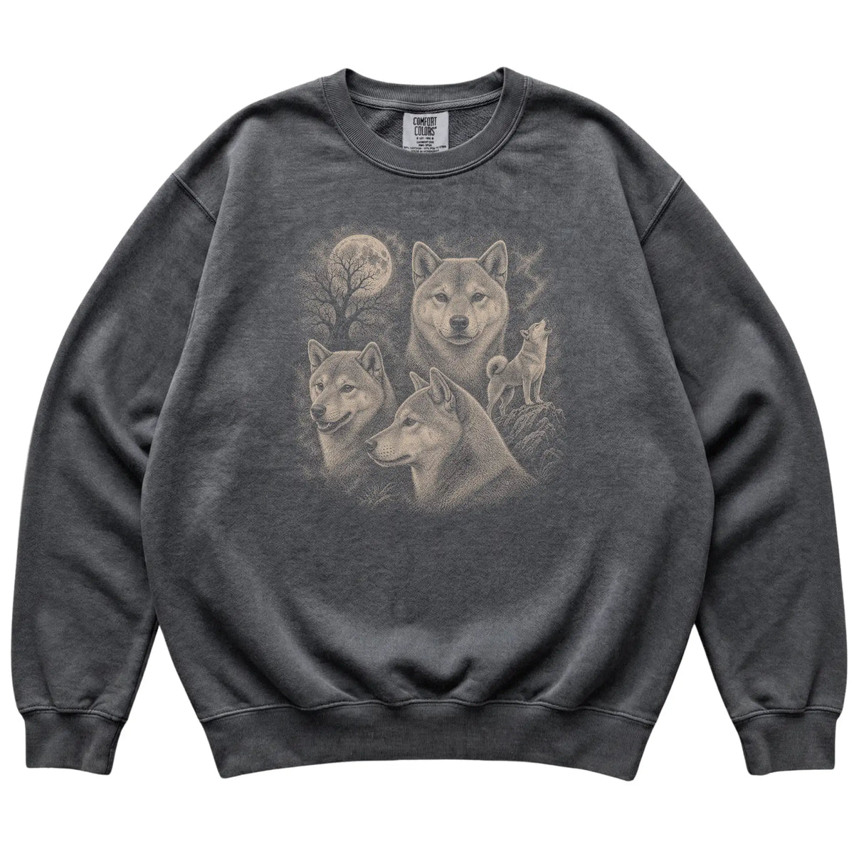 Shiba Inu 90s Moon Sweatshirt in Pepper — flat lay