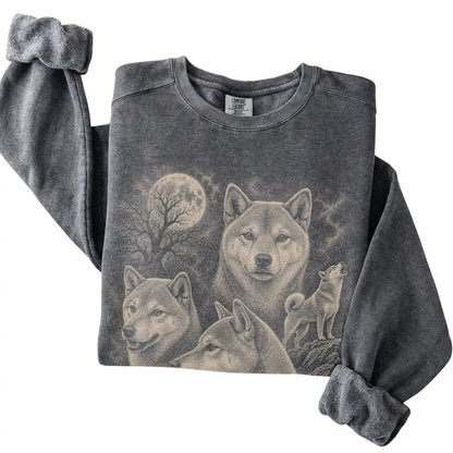 Pepper Comfort Colors sweatshirt featuring a Shiba Inu 1990s moon design