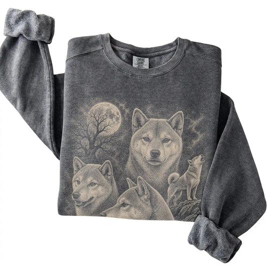 Pepper Comfort Colors sweatshirt featuring a Shiba Inu 1990s moon design