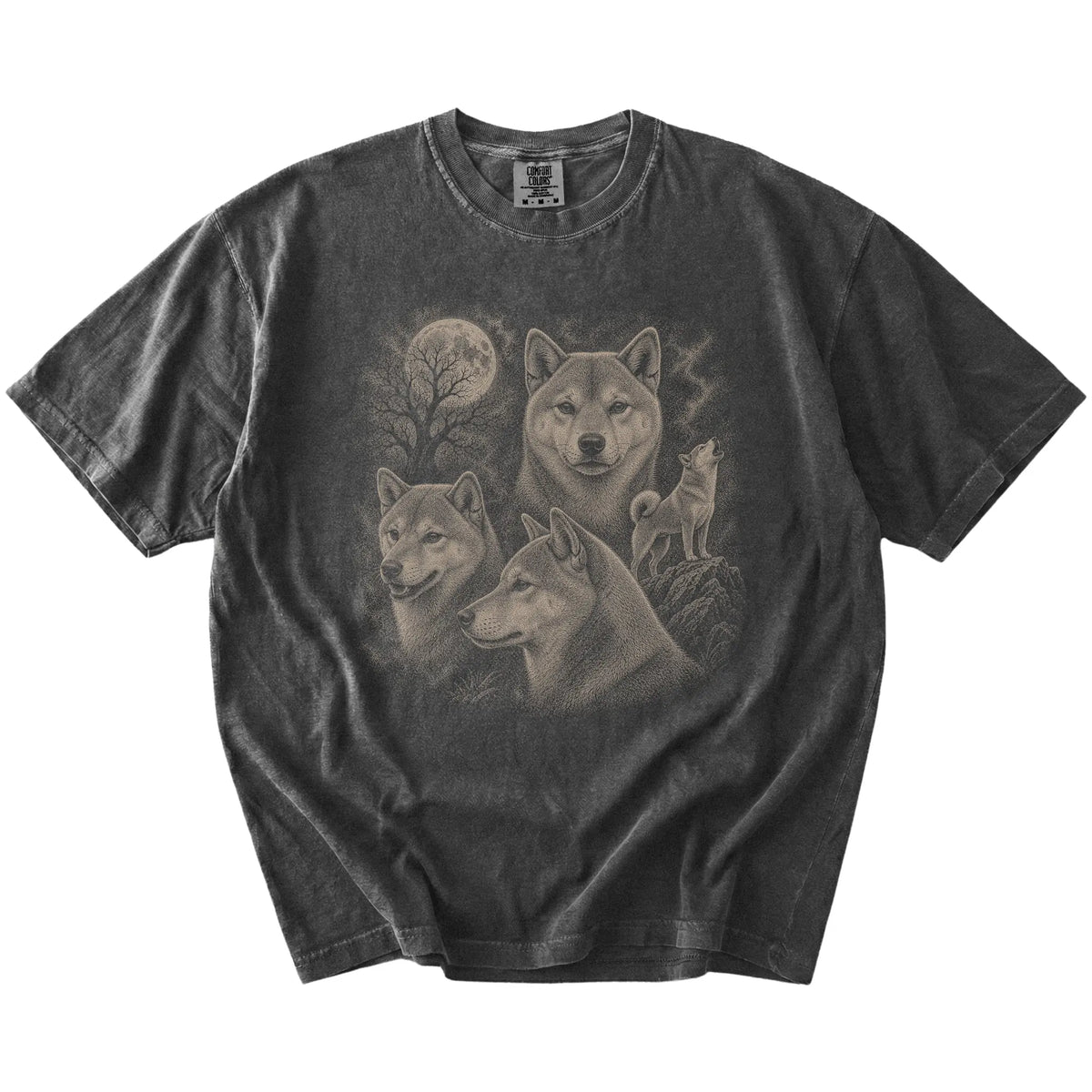 Vintage moon montage featuring Shiba Inu on a Pepper Comfort Colors® T-shirt
