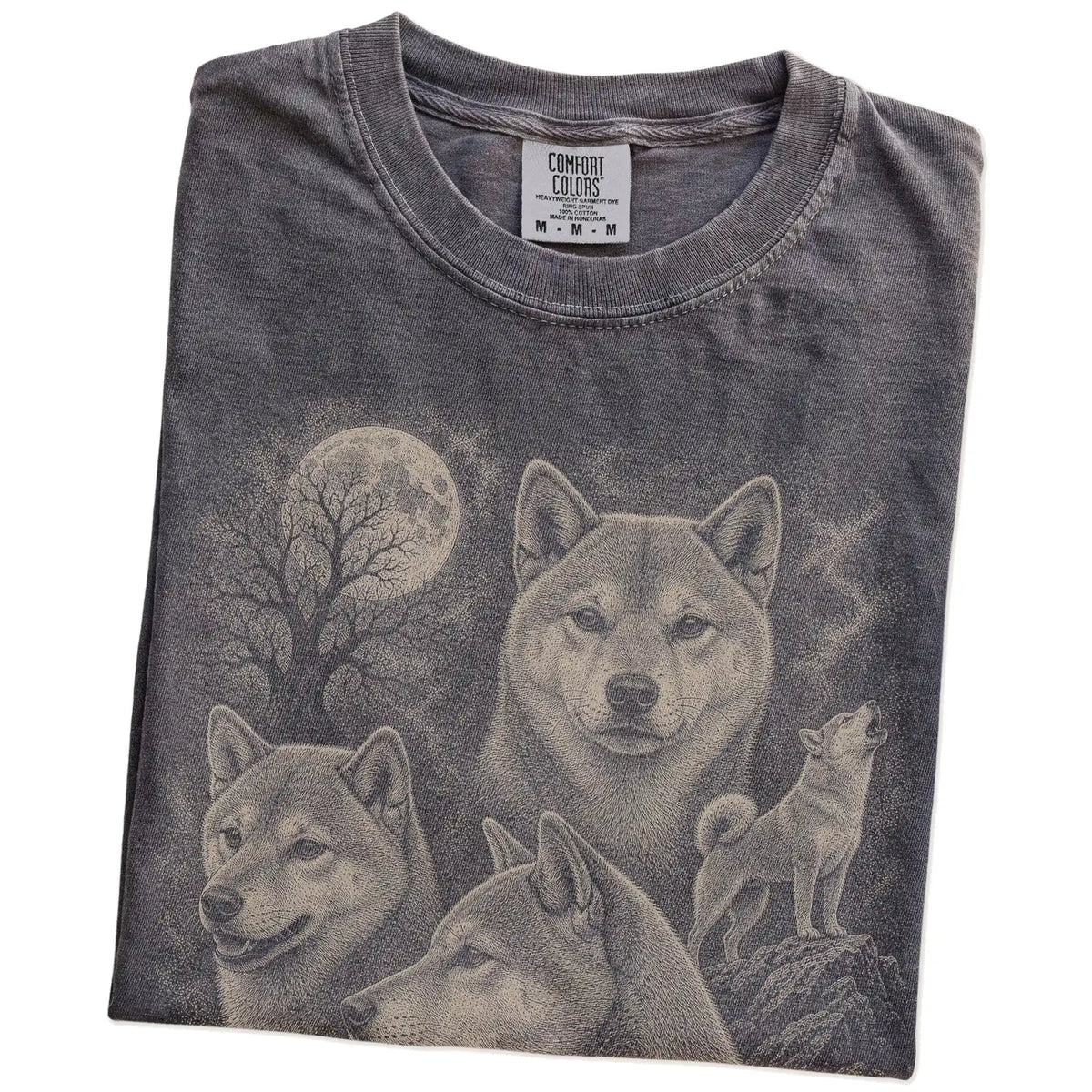 Folded Pepper Comfort Colors® T-shirt showing a vintage moon montage featuring Shiba Inu