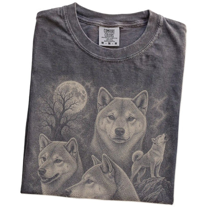 Folded Pepper Comfort Colors® T-shirt showing a vintage moon montage featuring Shiba Inu