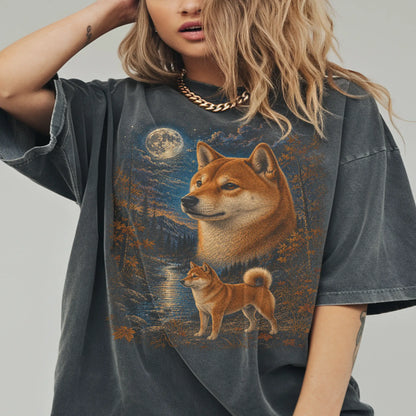 Model wearing a pepper T-shirt with Shiba Inu Autumn Moon artwork.