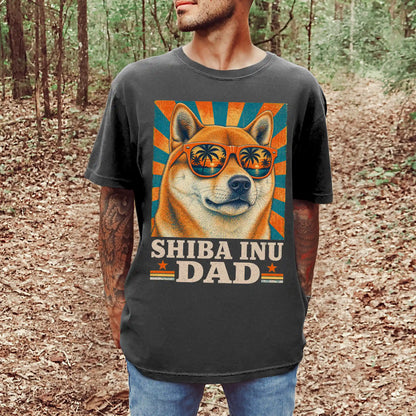 Retro Shiba Inu Dad design on a Pepper Comfort Colors T-shirt worn by a model