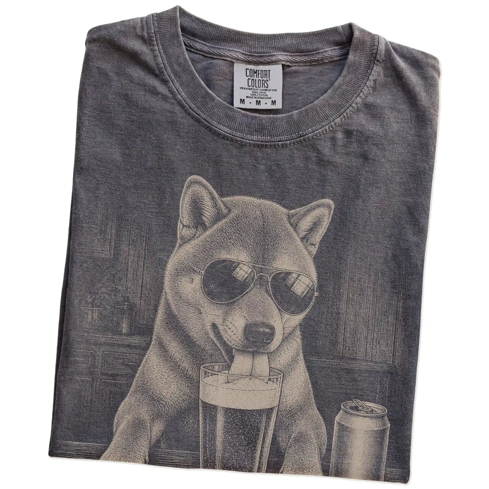 Folded Pepper Comfort Colors® t-shirt showing Shiba Inu sneaking a drink from a pint
