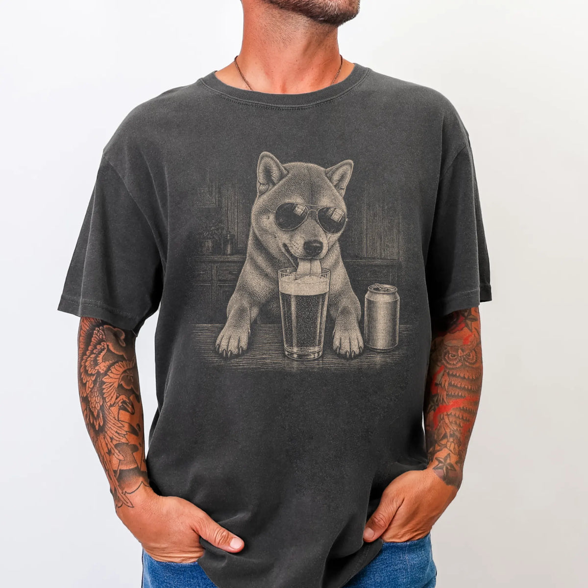 Model wearing a Pepper Comfort Colors® t-shirt with Shiba Inu sneaking a drink from a pint