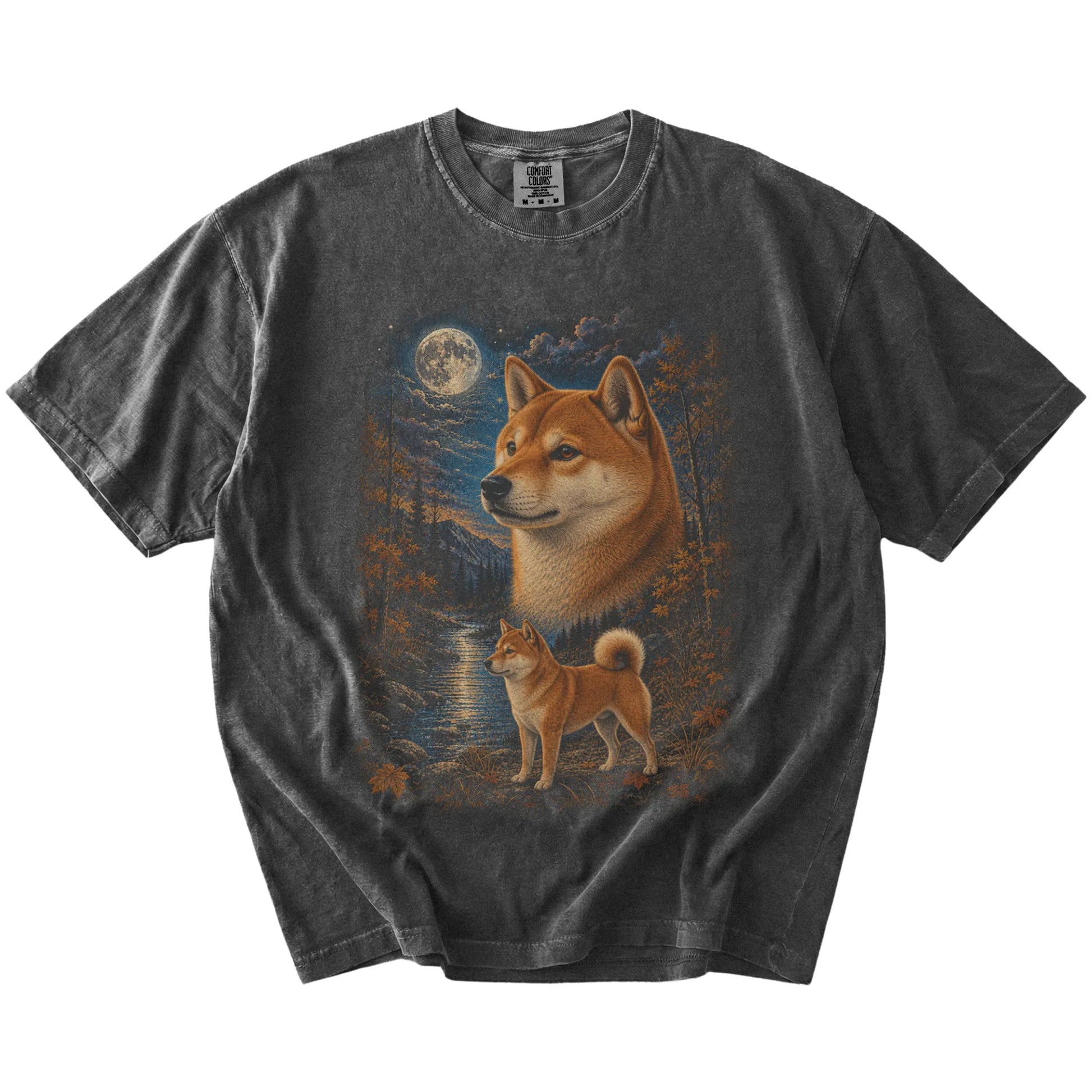 Shiba Inu in a moonlit fall forest scene on a Pepper Comfort Colors® t-shirt