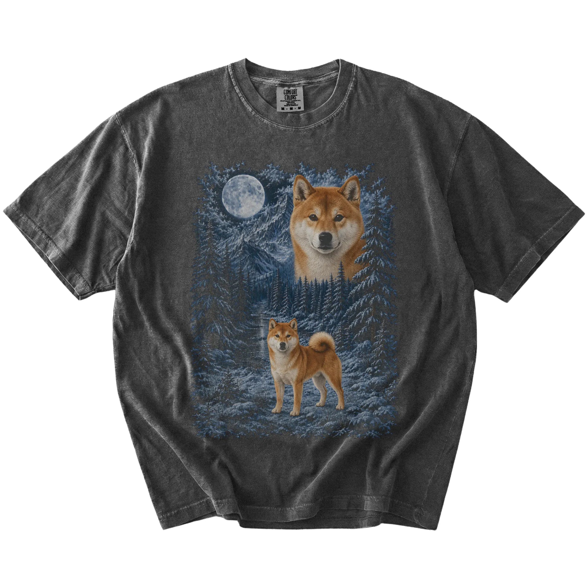 Shiba Inu in a snowy winter forest on a Pepper t-shirt